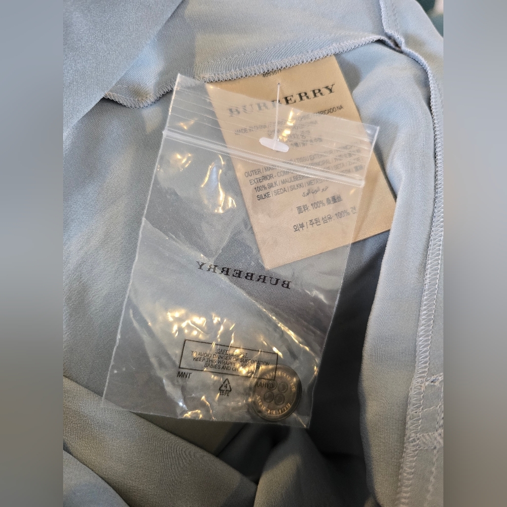 Burberry NEW Emily Mineral Blue 100% SILK Satin Tie Waist Shirt Dress Size 10 - Picture 15 of 16